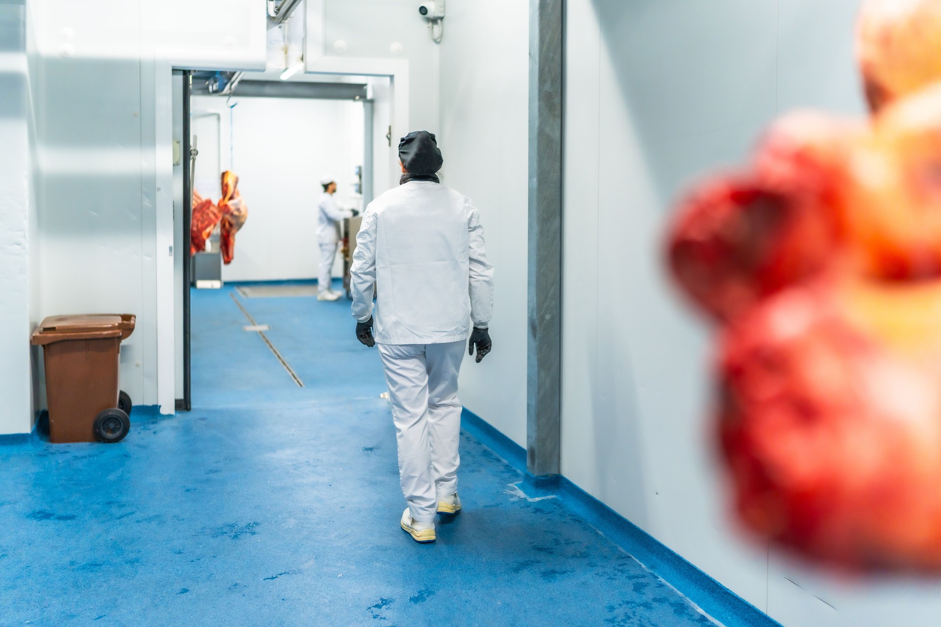 People working in the cold room storage of a meat factory